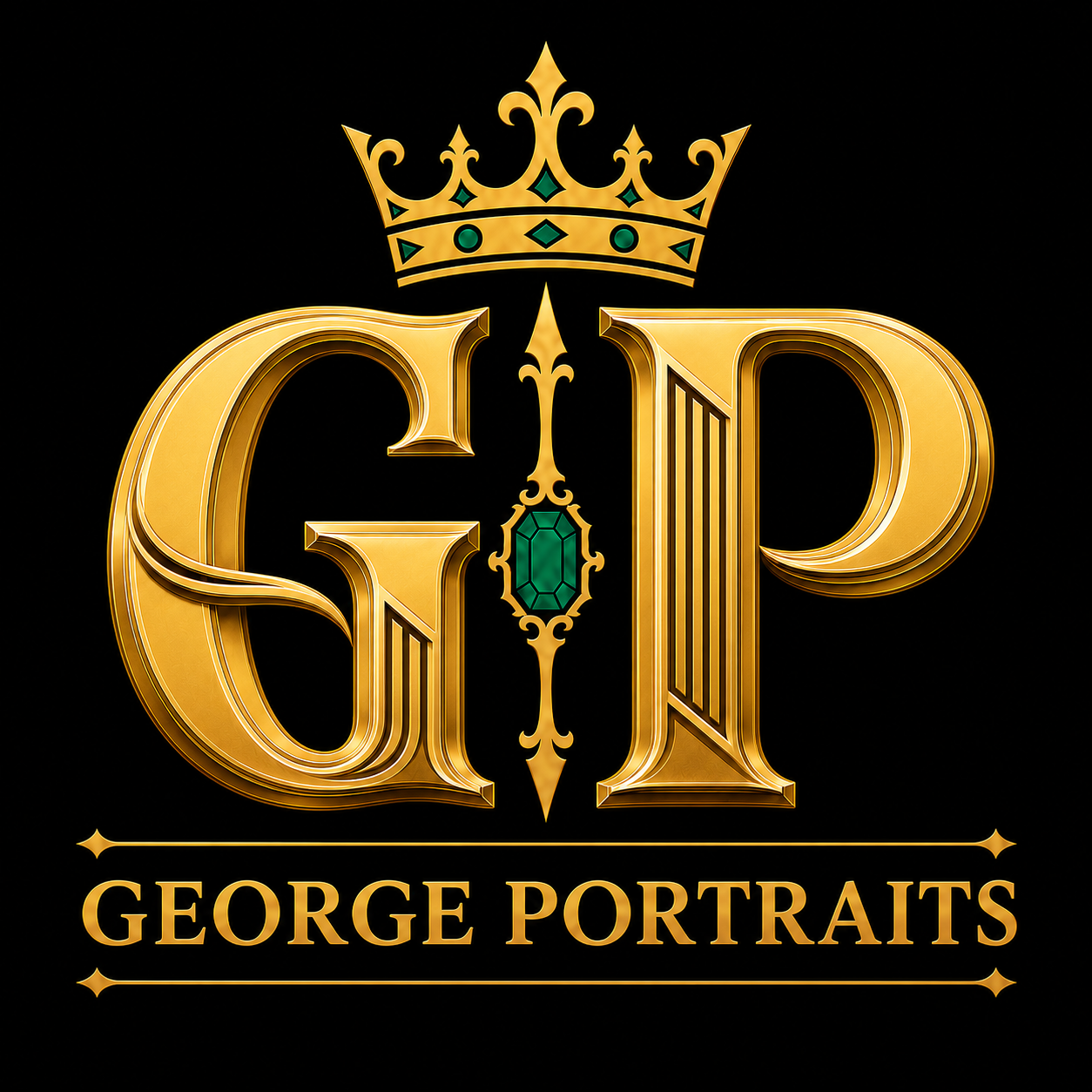 George Portraits Luxury Gold Photography Logo George Portraits gold GP monogram logo with crown and emerald accent on a black background